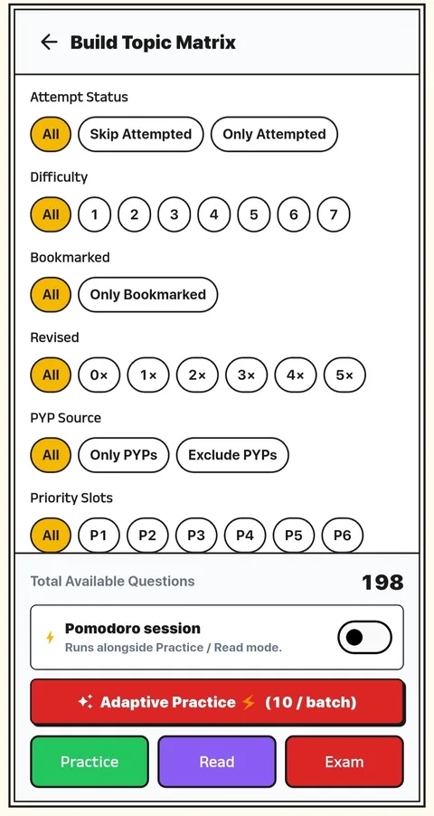 PrepNus matrix builder — difficulty, bookmark and PYP filters