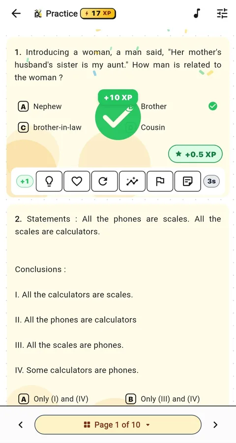 Real PrepNus practice screen — instant XP reward on a correct answer